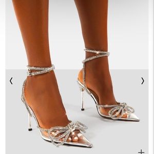 MIDNIGHT CLEAR PERSPEX WRAP AROUND DIAMANTE BOW POINTED TOE HIGH HEEL
